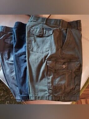 3 Pair Men's Extreme Motion Cargo Shorts — Olive/ Navy/ Gray Utility Pockets
